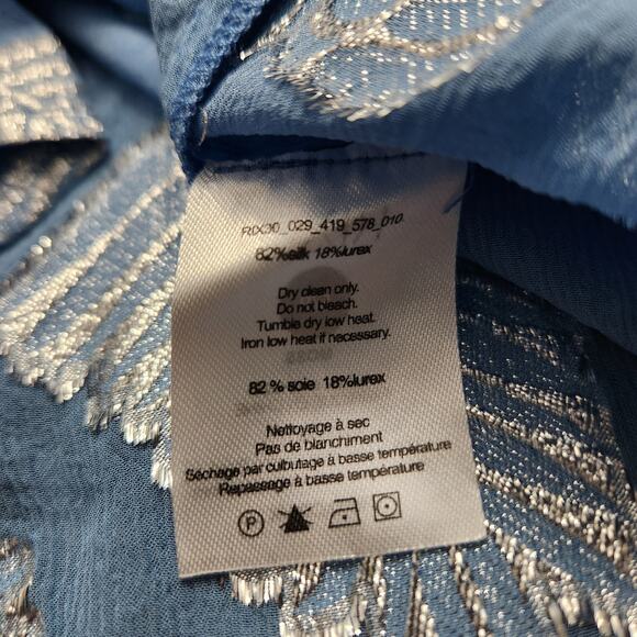 RIXO London Georgette Moss Leaf Jacquard Silk Blouse Palm Silver Blue Size Small - Picture 5 of 6